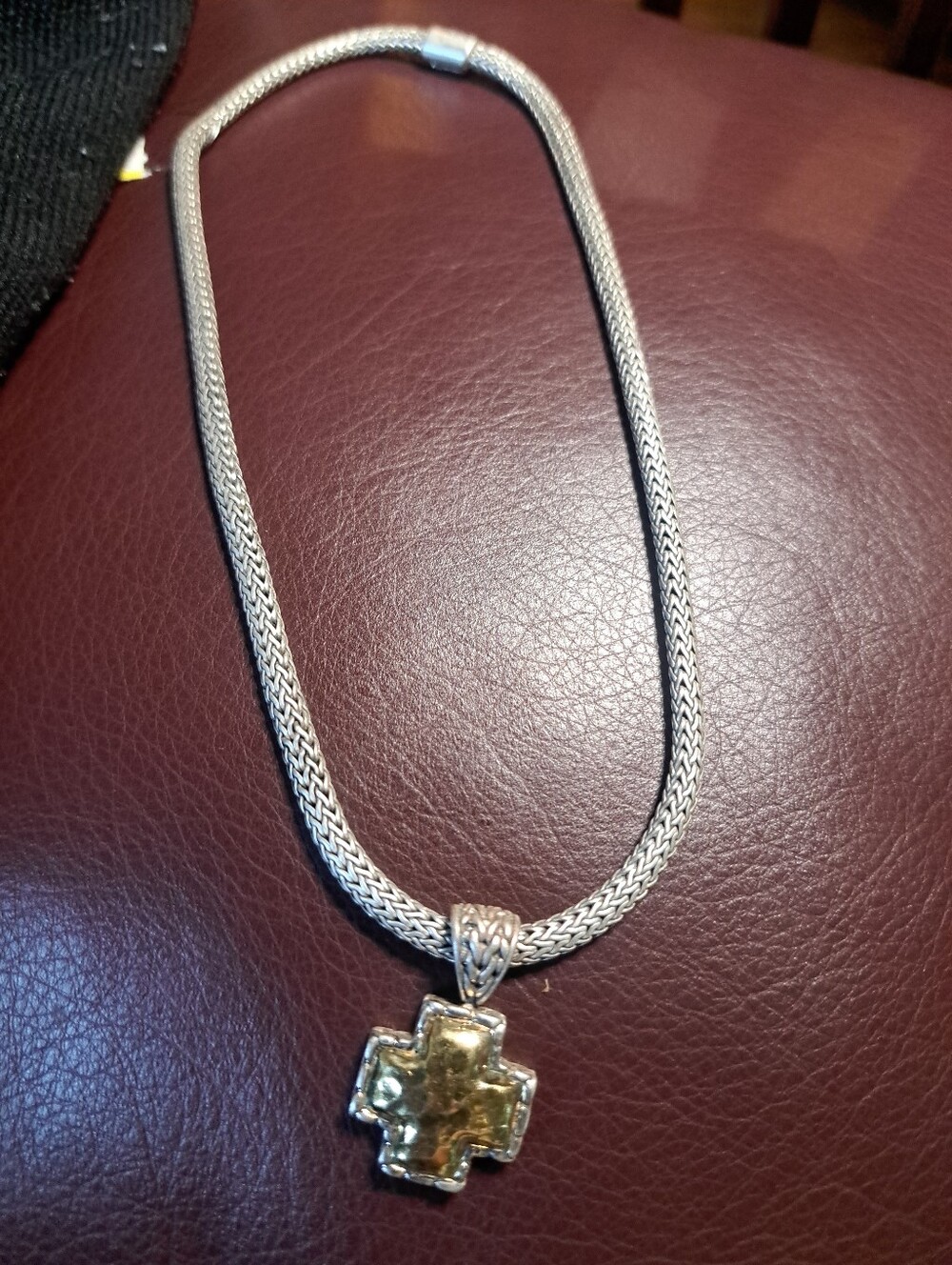 Retired John Hardy 22K Gold Palu Hammered Cross Sterling Silver Braided Chain
